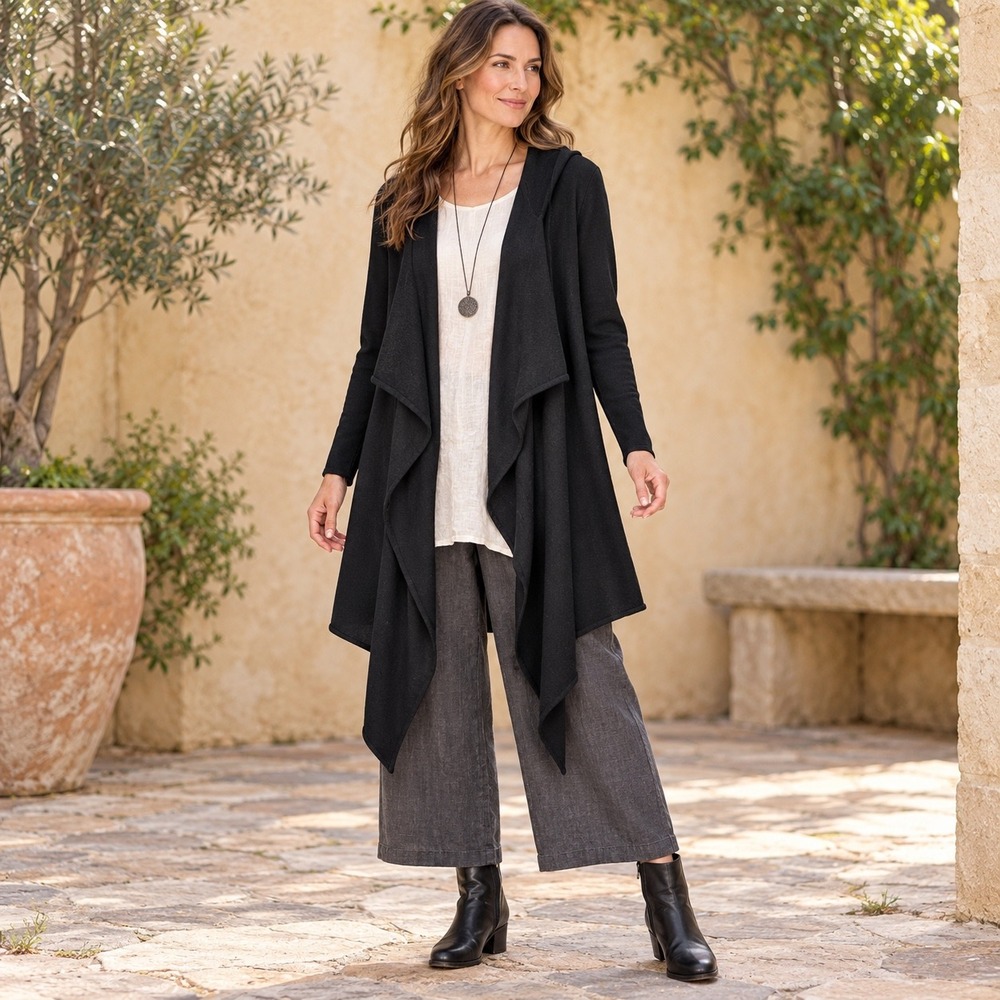 Saks Fifth Ave Merino Hooded Waterfall Cardigan L Black Lagenlook Quiet Luxury